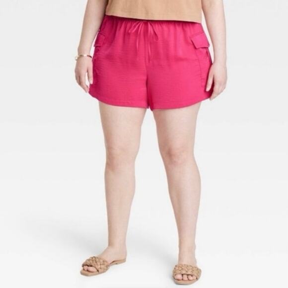 NWT A New Day Shorts Womens L Fuschia Pink Satin Cargo High Rise Barbiecore - Picture 1 of 7
